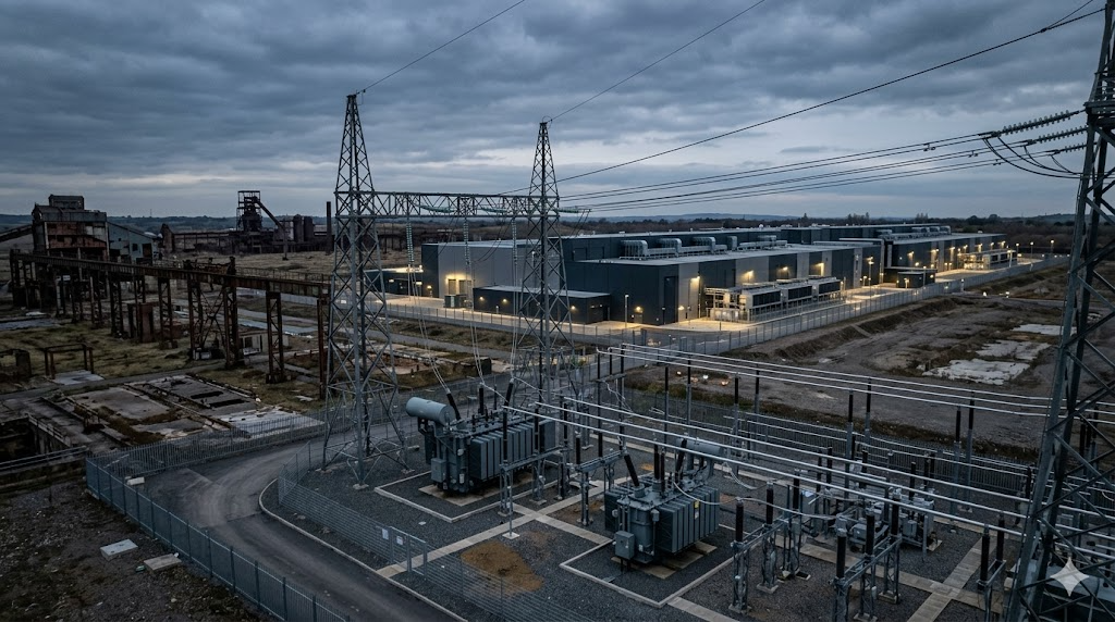 Generated editorial hero showing brownfield industrial land converted into a powered data center campus
