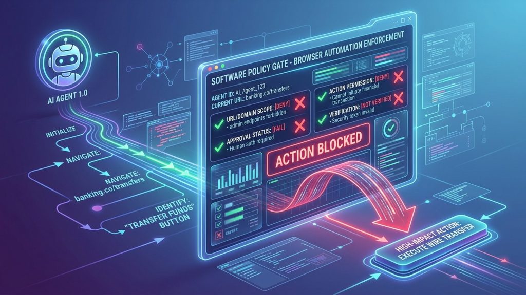 Illustration of a software safety gate controlling browser agent actions