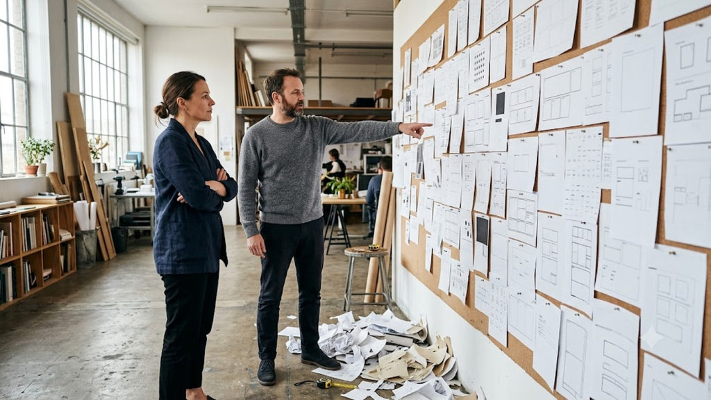 Two designers assess freshly pinned paper layouts on a studio wall
