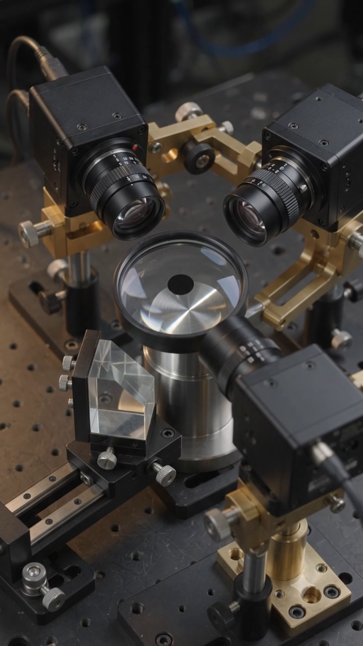 Two optical inspection cameras sharing one central lens while a separate glass prism provides an independent evidence path.