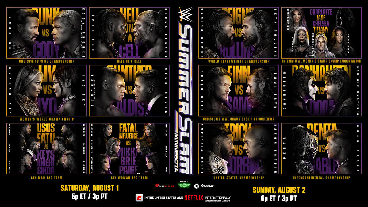Plakat mit den WWE-SummerSlam-Kämpfen am 1. und 2. August.