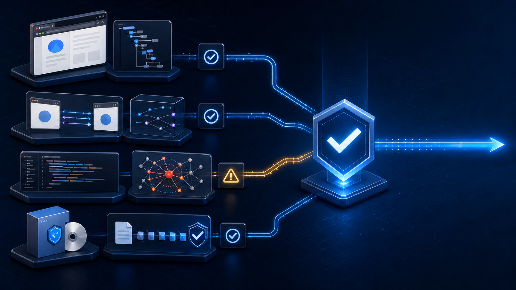 Four software evidence lanes—browser structure, bidirectional protocol, dependency graph, and installer lineage—converge on one verification checkpoint.
